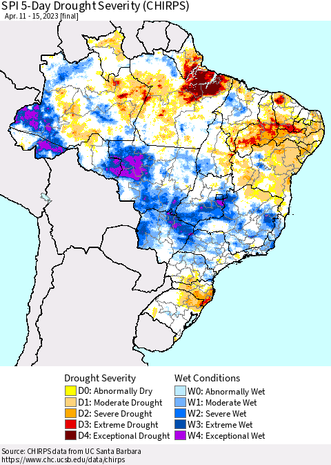 Brazil SPI 5-Day Drought Severity (CHIRPS) Thematic Map For 4/11/2023 - 4/15/2023