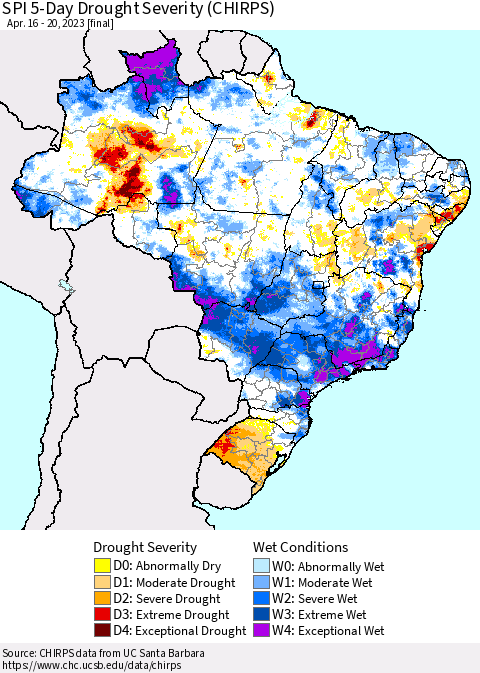 Brazil SPI 5-Day Drought Severity (CHIRPS) Thematic Map For 4/16/2023 - 4/20/2023
