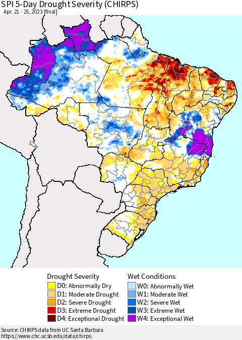 Brazil SPI 5-Day Drought Severity (CHIRPS) Thematic Map For 4/21/2023 - 4/25/2023