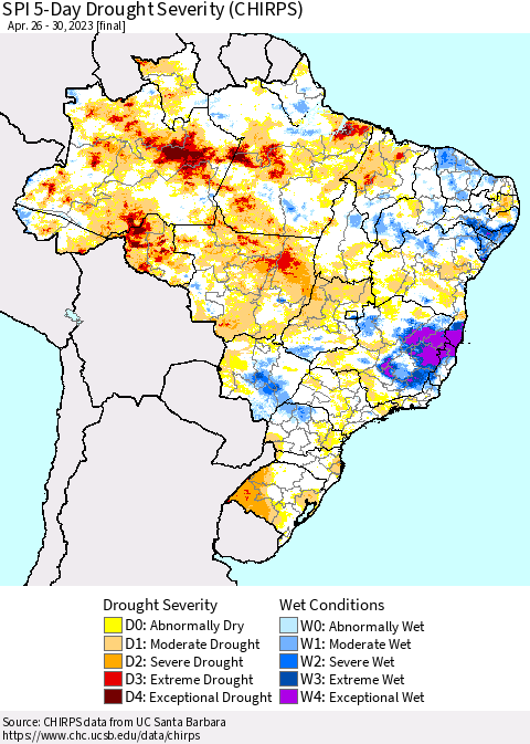 Brazil SPI 5-Day Drought Severity (CHIRPS) Thematic Map For 4/26/2023 - 4/30/2023