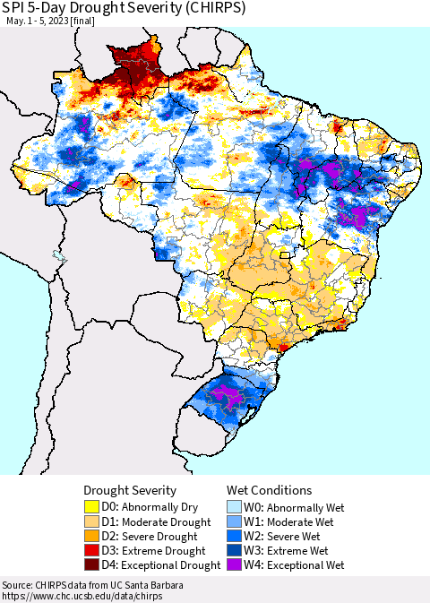 Brazil SPI 5-Day Drought Severity (CHIRPS) Thematic Map For 5/1/2023 - 5/5/2023