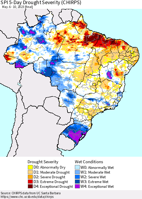 Brazil SPI 5-Day Drought Severity (CHIRPS) Thematic Map For 5/6/2023 - 5/10/2023