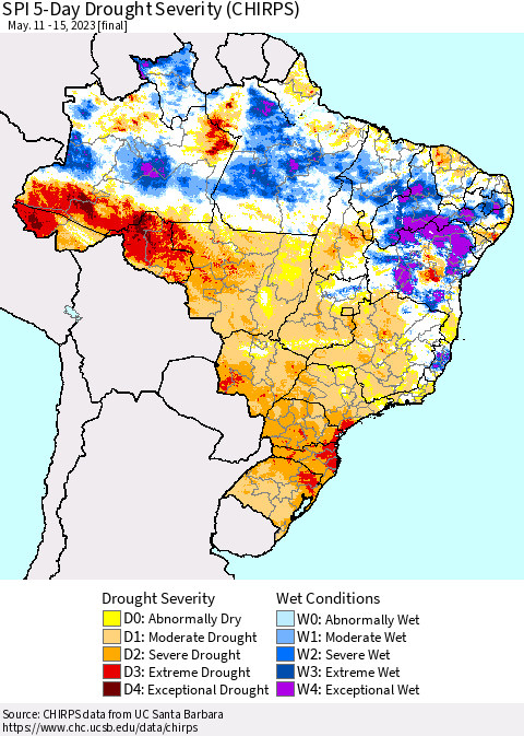 Brazil SPI 5-Day Drought Severity (CHIRPS) Thematic Map For 5/11/2023 - 5/15/2023