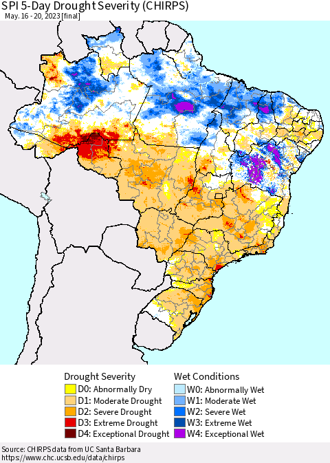 Brazil SPI 5-Day Drought Severity (CHIRPS) Thematic Map For 5/16/2023 - 5/20/2023