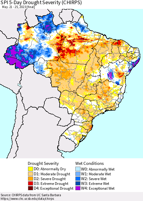 Brazil SPI 5-Day Drought Severity (CHIRPS) Thematic Map For 5/21/2023 - 5/25/2023
