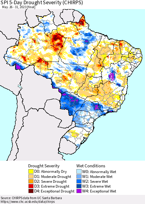 Brazil SPI 5-Day Drought Severity (CHIRPS) Thematic Map For 5/26/2023 - 5/31/2023