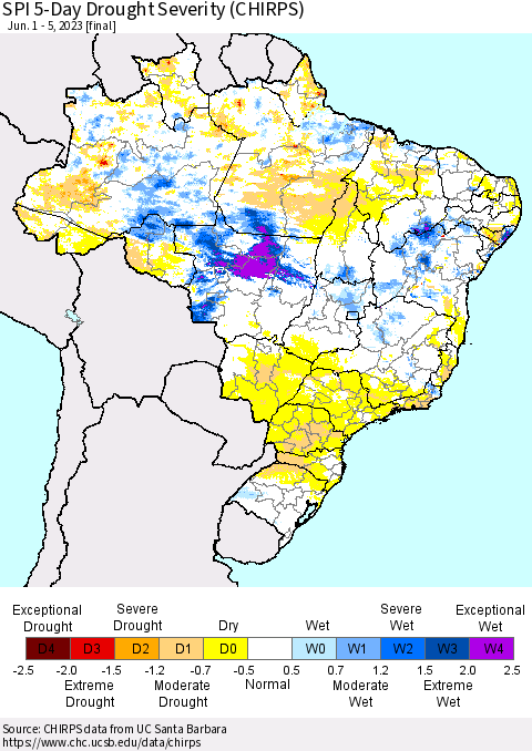Brazil SPI 5-Day Drought Severity (CHIRPS) Thematic Map For 6/1/2023 - 6/5/2023