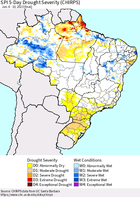 Brazil SPI 5-Day Drought Severity (CHIRPS) Thematic Map For 6/6/2023 - 6/10/2023