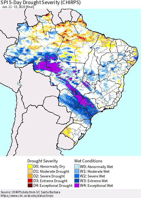 Brazil SPI 5-Day Drought Severity (CHIRPS) Thematic Map For 6/11/2023 - 6/15/2023