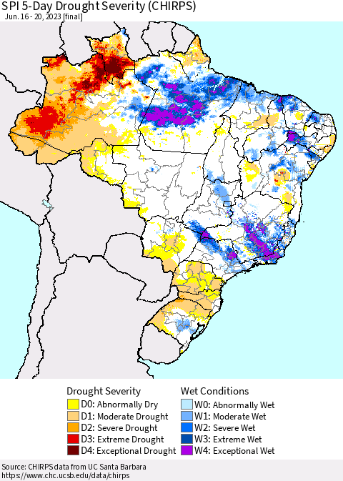 Brazil SPI 5-Day Drought Severity (CHIRPS) Thematic Map For 6/16/2023 - 6/20/2023