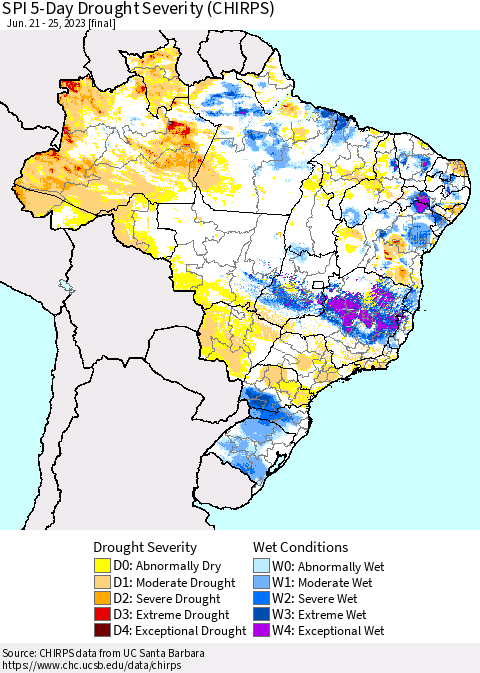 Brazil SPI 5-Day Drought Severity (CHIRPS) Thematic Map For 6/21/2023 - 6/25/2023