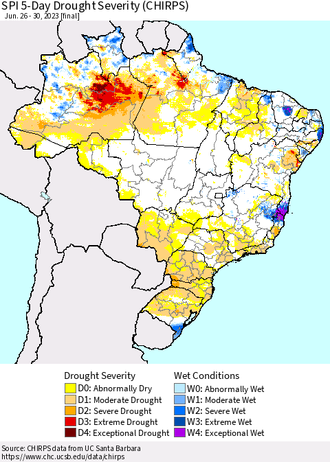 Brazil SPI 5-Day Drought Severity (CHIRPS) Thematic Map For 6/26/2023 - 6/30/2023