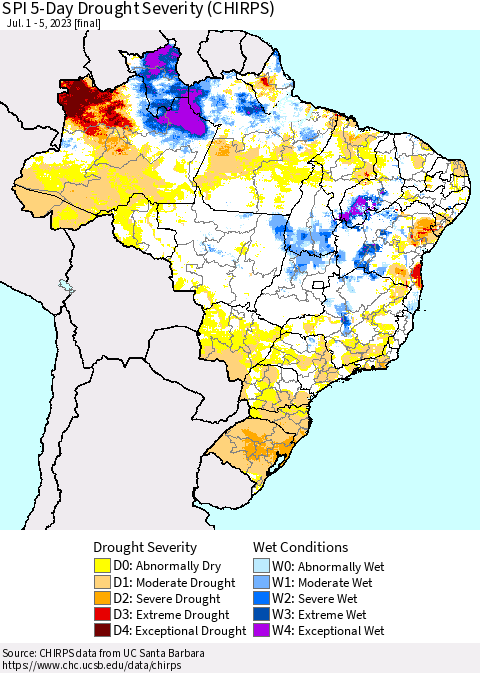 Brazil SPI 5-Day Drought Severity (CHIRPS) Thematic Map For 7/1/2023 - 7/5/2023