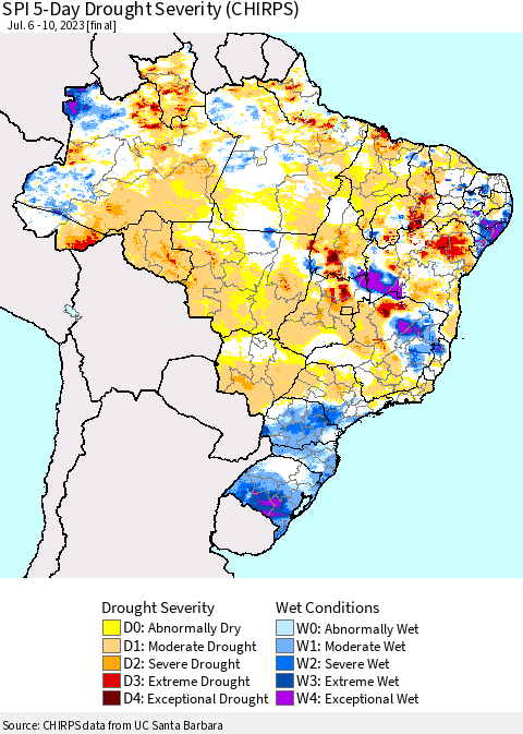 Brazil SPI 5-Day Drought Severity (CHIRPS) Thematic Map For 7/6/2023 - 7/10/2023