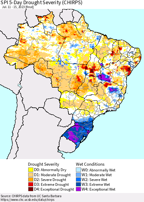 Brazil SPI 5-Day Drought Severity (CHIRPS) Thematic Map For 7/11/2023 - 7/15/2023