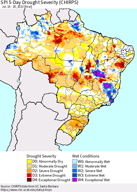 Brazil SPI 5-Day Drought Severity (CHIRPS) Thematic Map For 7/16/2023 - 7/20/2023