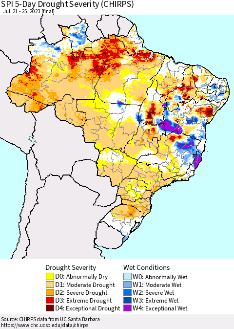 Brazil SPI 5-Day Drought Severity (CHIRPS) Thematic Map For 7/21/2023 - 7/25/2023