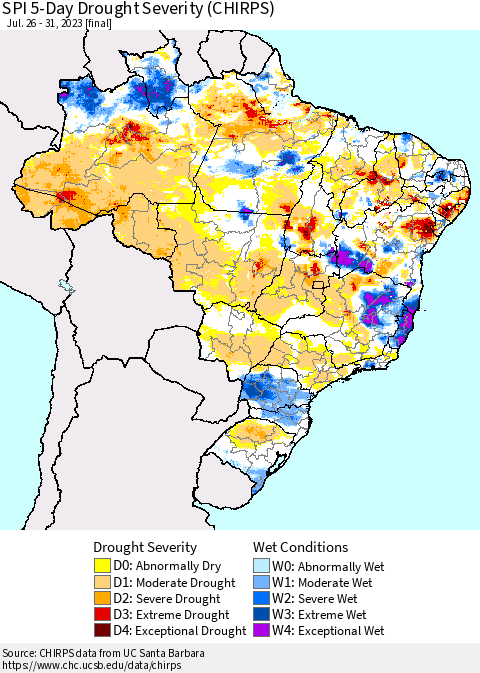 Brazil SPI 5-Day Drought Severity (CHIRPS) Thematic Map For 7/26/2023 - 7/31/2023