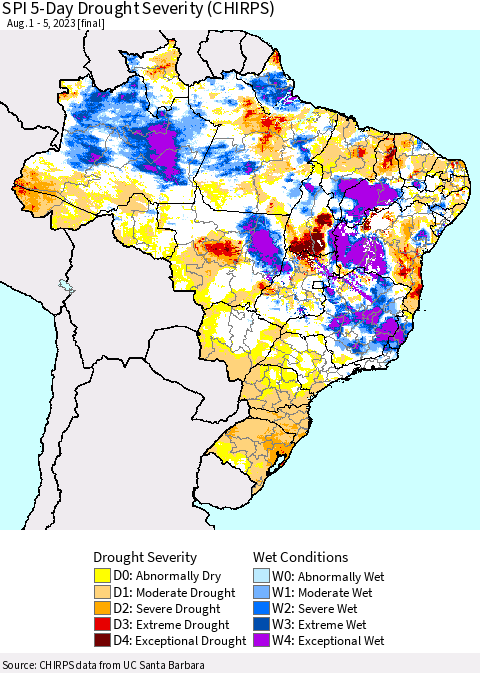 Brazil SPI 5-Day Drought Severity (CHIRPS) Thematic Map For 8/1/2023 - 8/5/2023