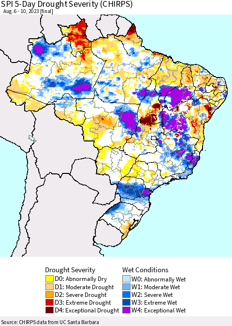 Brazil SPI 5-Day Drought Severity (CHIRPS) Thematic Map For 8/6/2023 - 8/10/2023