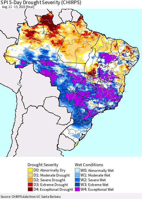 Brazil SPI 5-Day Drought Severity (CHIRPS) Thematic Map For 8/11/2023 - 8/15/2023