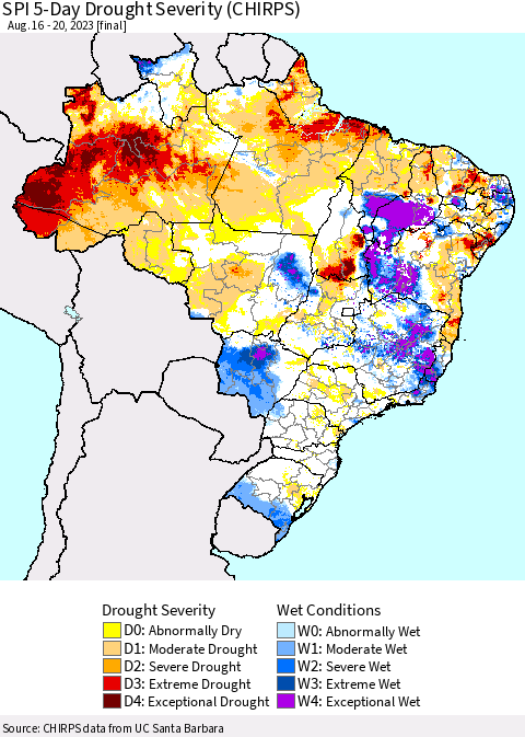 Brazil SPI 5-Day Drought Severity (CHIRPS) Thematic Map For 8/16/2023 - 8/20/2023