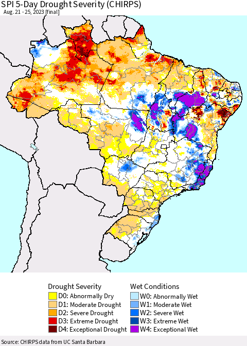 Brazil SPI 5-Day Drought Severity (CHIRPS) Thematic Map For 8/21/2023 - 8/25/2023