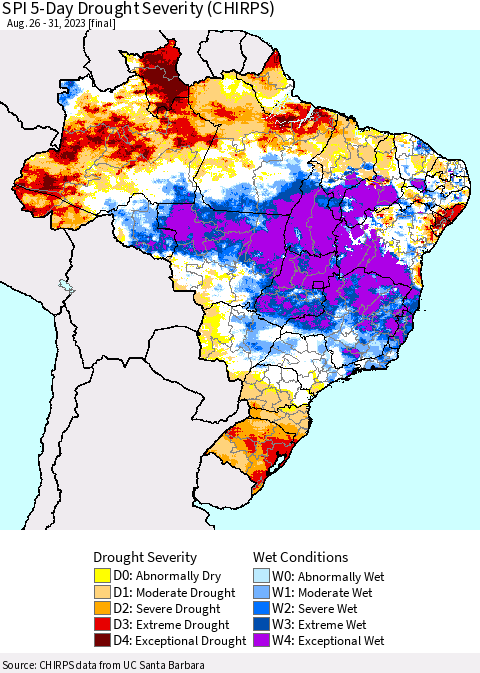 Brazil SPI 5-Day Drought Severity (CHIRPS) Thematic Map For 8/26/2023 - 8/31/2023