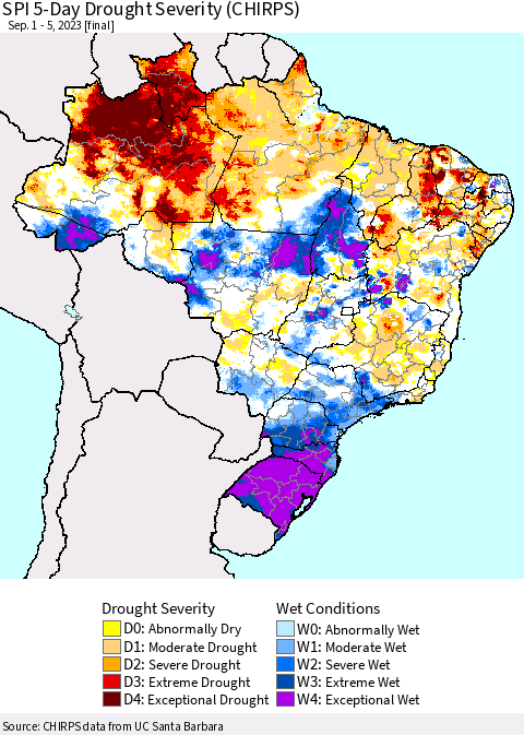 Brazil SPI 5-Day Drought Severity (CHIRPS) Thematic Map For 9/1/2023 - 9/5/2023