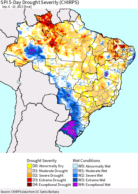 Brazil SPI 5-Day Drought Severity (CHIRPS) Thematic Map For 9/6/2023 - 9/10/2023