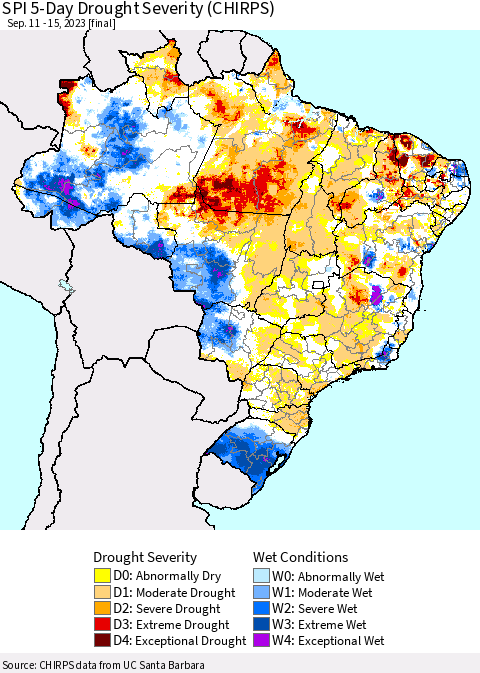 Brazil SPI 5-Day Drought Severity (CHIRPS) Thematic Map For 9/11/2023 - 9/15/2023