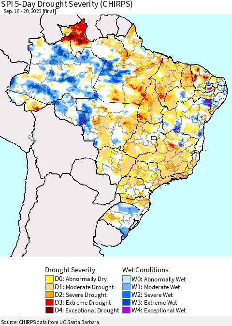 Brazil SPI 5-Day Drought Severity (CHIRPS) Thematic Map For 9/16/2023 - 9/20/2023