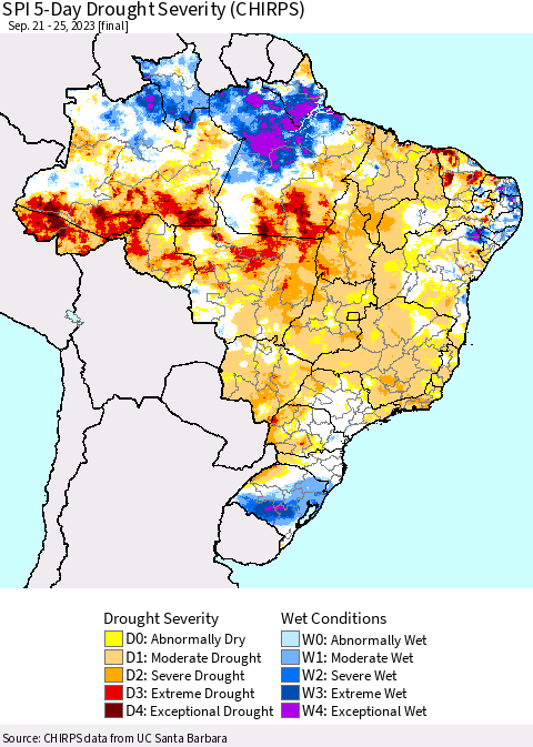Brazil SPI 5-Day Drought Severity (CHIRPS) Thematic Map For 9/21/2023 - 9/25/2023
