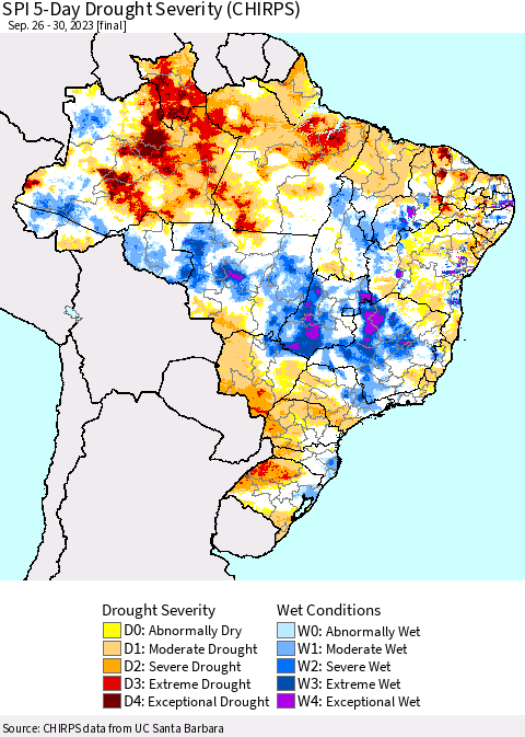 Brazil SPI 5-Day Drought Severity (CHIRPS) Thematic Map For 9/26/2023 - 9/30/2023
