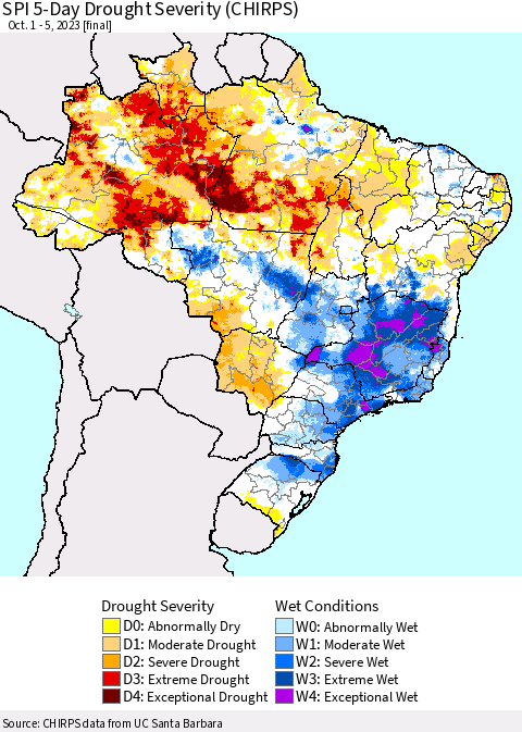 Brazil SPI 5-Day Drought Severity (CHIRPS) Thematic Map For 10/1/2023 - 10/5/2023