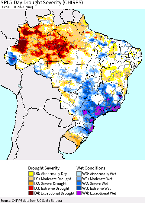 Brazil SPI 5-Day Drought Severity (CHIRPS) Thematic Map For 10/6/2023 - 10/10/2023
