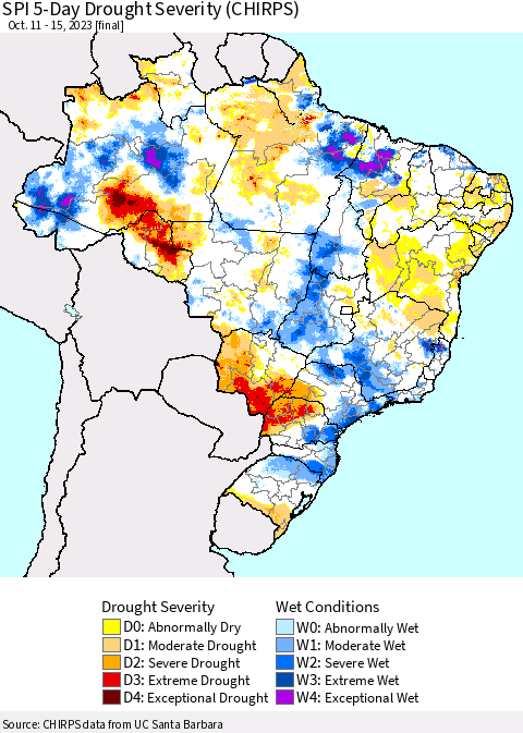 Brazil SPI 5-Day Drought Severity (CHIRPS) Thematic Map For 10/11/2023 - 10/15/2023