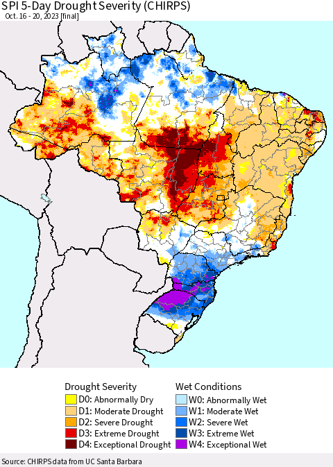 Brazil SPI 5-Day Drought Severity (CHIRPS) Thematic Map For 10/16/2023 - 10/20/2023