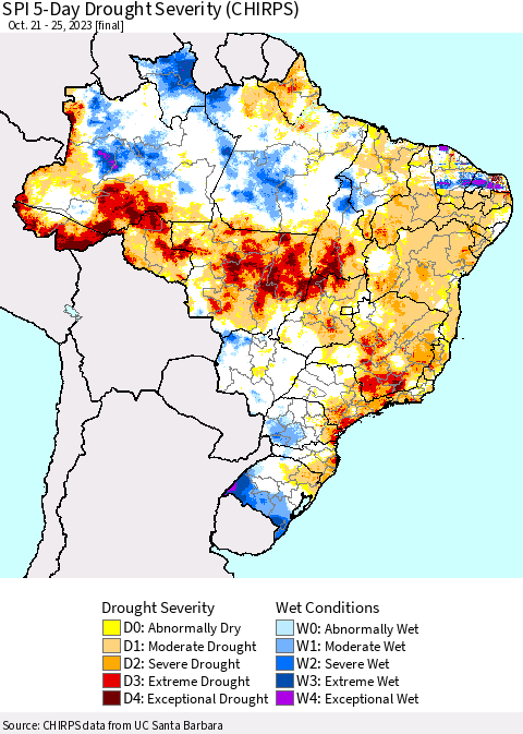 Brazil SPI 5-Day Drought Severity (CHIRPS) Thematic Map For 10/21/2023 - 10/25/2023