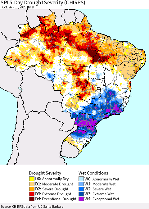Brazil SPI 5-Day Drought Severity (CHIRPS) Thematic Map For 10/26/2023 - 10/31/2023