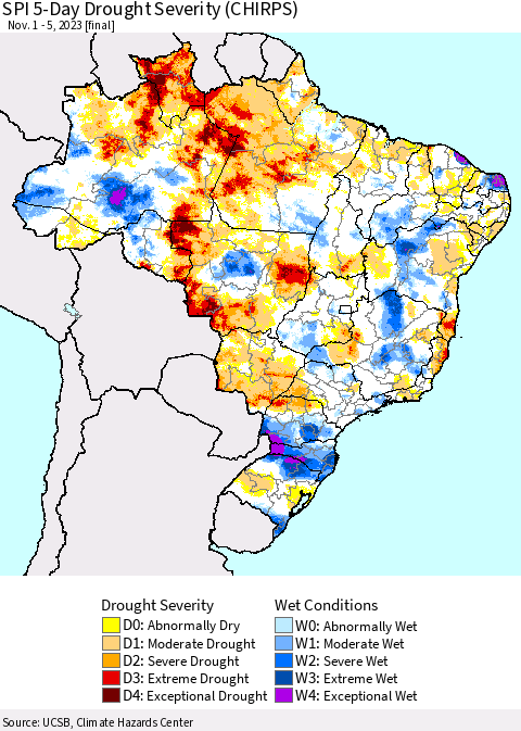 Brazil SPI 5-Day Drought Severity (CHIRPS) Thematic Map For 11/1/2023 - 11/5/2023