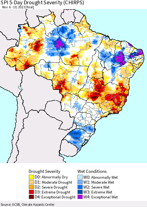 Brazil SPI 5-Day Drought Severity (CHIRPS) Thematic Map For 11/6/2023 - 11/10/2023