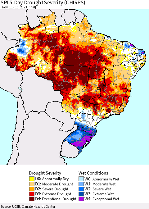 Brazil SPI 5-Day Drought Severity (CHIRPS) Thematic Map For 11/11/2023 - 11/15/2023