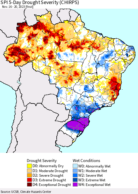 Brazil SPI 5-Day Drought Severity (CHIRPS) Thematic Map For 11/16/2023 - 11/20/2023