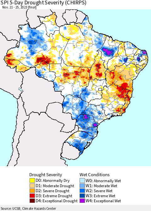 Brazil SPI 5-Day Drought Severity (CHIRPS) Thematic Map For 11/21/2023 - 11/25/2023