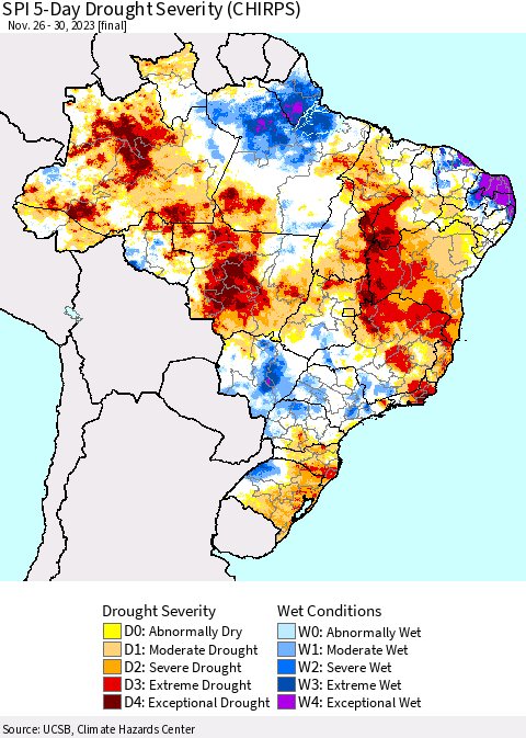 Brazil SPI 5-Day Drought Severity (CHIRPS) Thematic Map For 11/26/2023 - 11/30/2023
