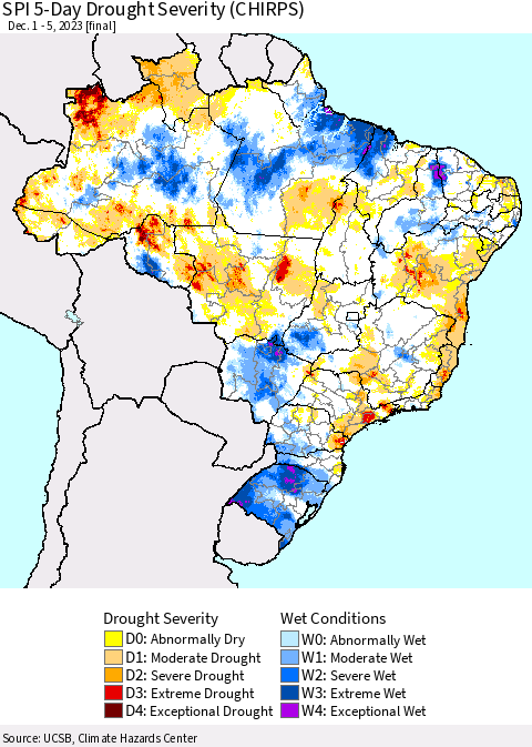Brazil SPI 5-Day Drought Severity (CHIRPS) Thematic Map For 12/1/2023 - 12/5/2023