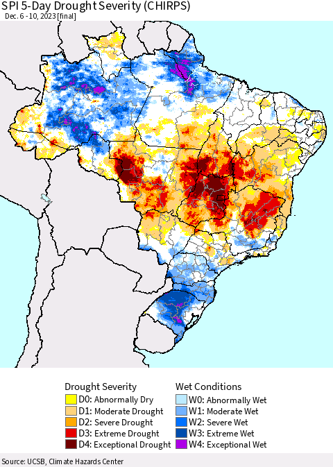 Brazil SPI 5-Day Drought Severity (CHIRPS) Thematic Map For 12/6/2023 - 12/10/2023