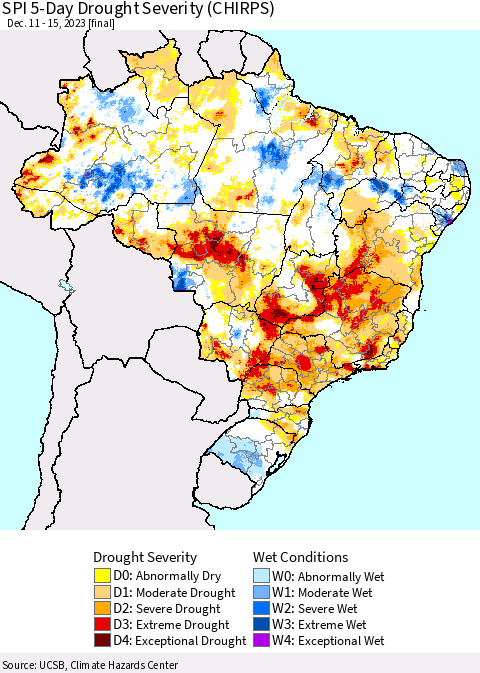 Brazil SPI 5-Day Drought Severity (CHIRPS) Thematic Map For 12/11/2023 - 12/15/2023