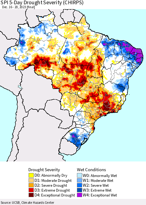 Brazil SPI 5-Day Drought Severity (CHIRPS) Thematic Map For 12/16/2023 - 12/20/2023